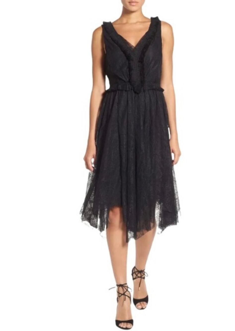 Kobi Halperin Romantic Black Tulle Lace Special Occasion Midi Dress Black 4